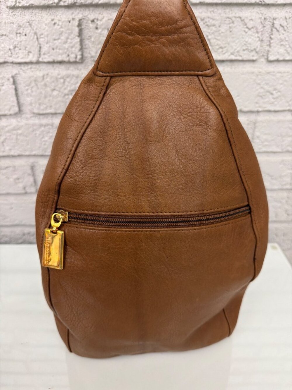 Tignanello Tan Leather Teardrop Sling Backpack Crossbody Bag